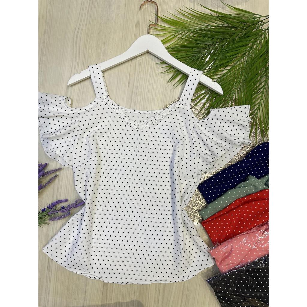 Blusa manga bolinha tecido crepinha bonito fashion em Oferta na Shopee