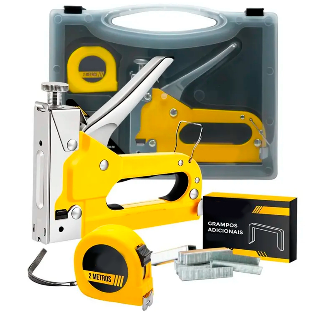 Kit Jogo Grampeador Tapeceiro Manual Alta Pressão Profissional Com Trena Grampos Multiuso Reforçado em Oferta na Shopee