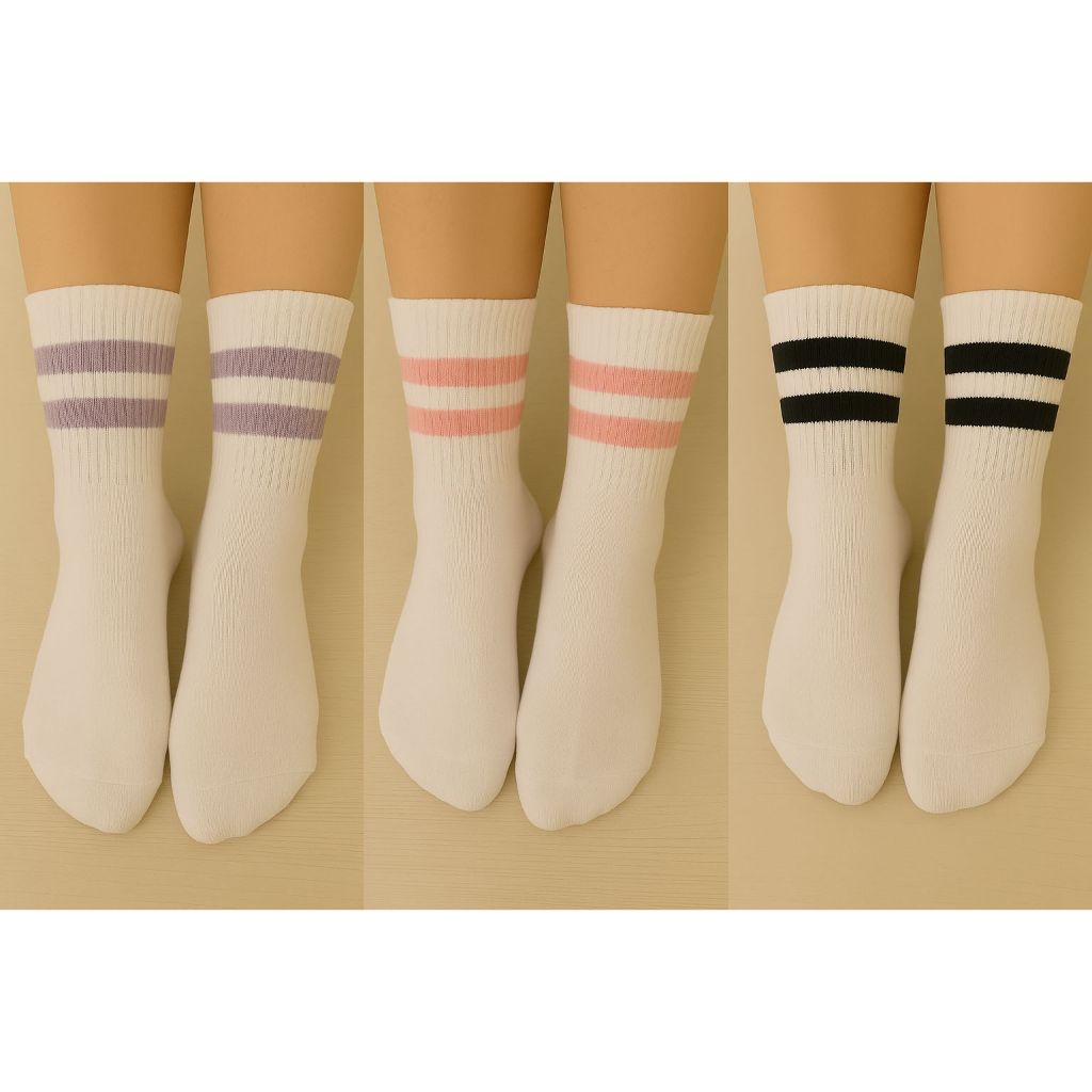 Kit 3 Pares Meia Feminina Branco com Listras – Cano Médio Esportiva Casual (37 ao 41) em Oferta na Shopee