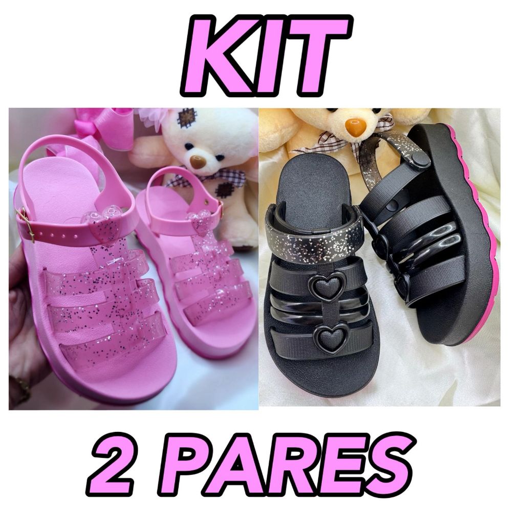 Kit 2 Pares de Sandálias Infantil Menina Fivela Glitter e Duplo Calce Chinelo Coração Estilosa em Oferta na Shopee