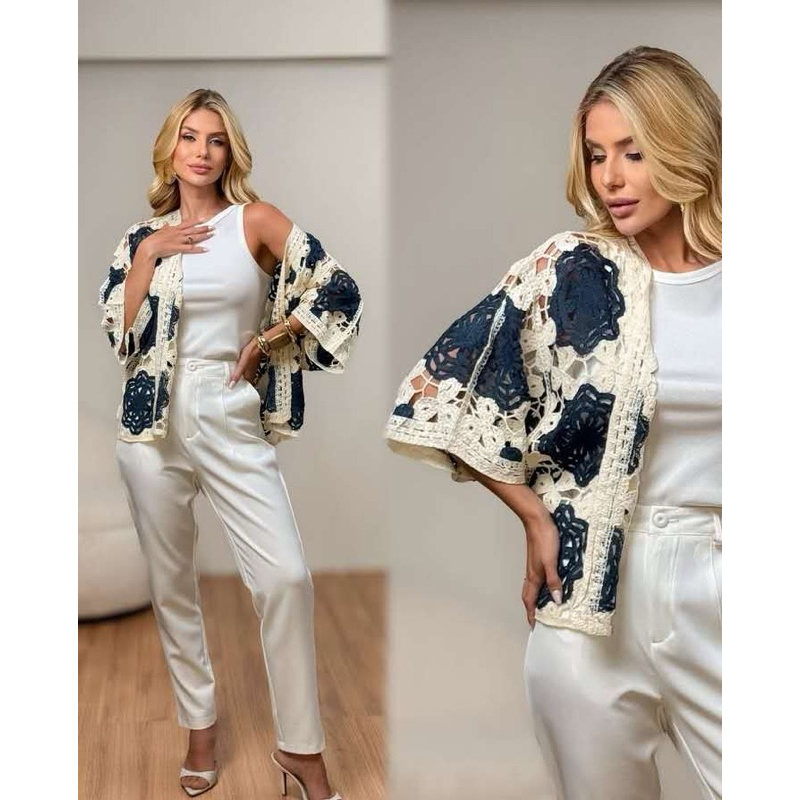 Kimono no crochê vazado bicolor caimento lindo,sofisticado e versátil