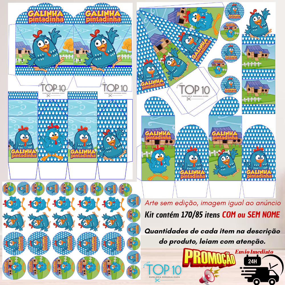 Kit de Lembrancinhas Personalizadas com 170/85 itens TEMA: GALINHA PINTADINHA - Envio rápido em Oferta na Shopee
