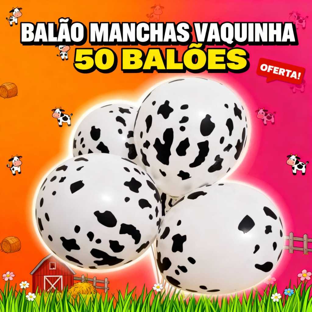 Kit Balão Vaquinha 27cm – Estampa Vaca Malhada • Festa Fazendinha • Kits c/25, 50, 75 e 100 Unidades