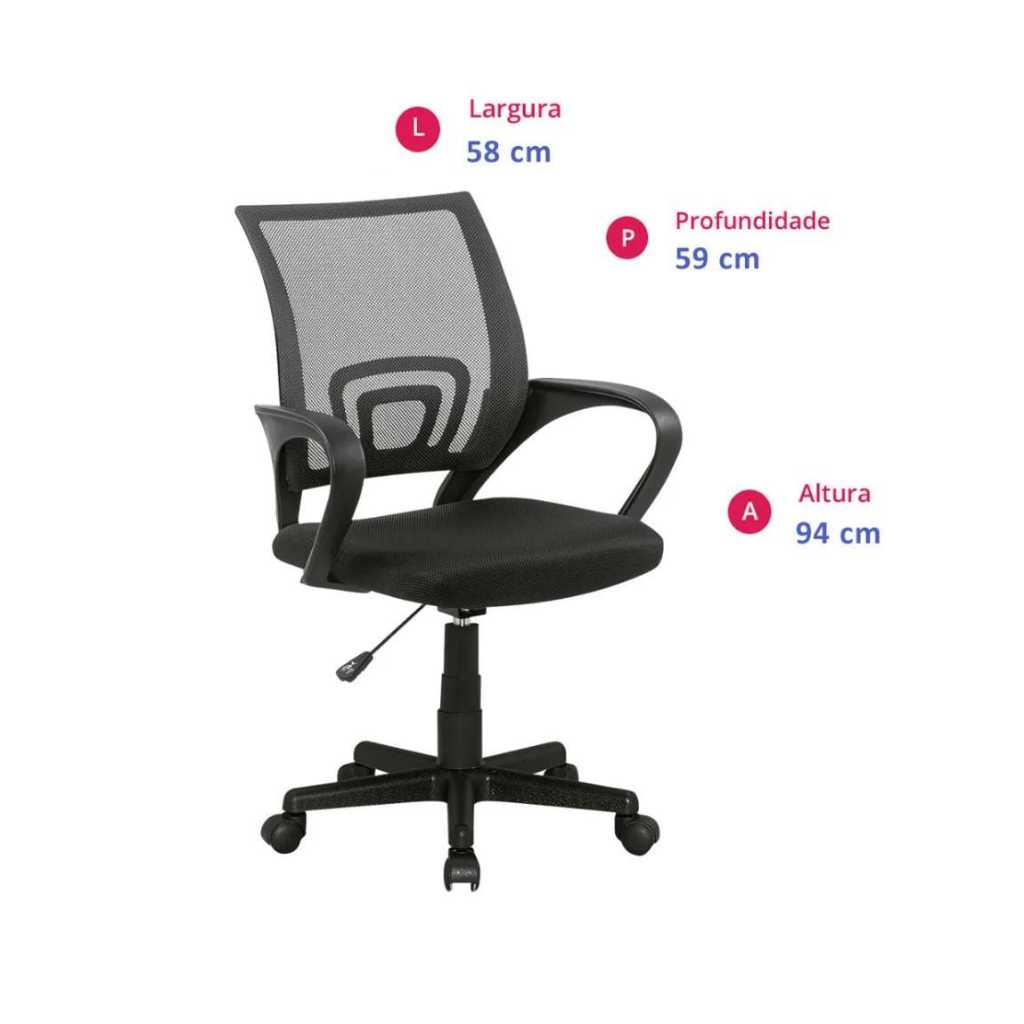 CADEIRA ESCRITÓRIO HOME OFFICE PRETA Tela Mesh Ergonômica C/ Rodízios e Regulagem de Altura - Carrefour Home