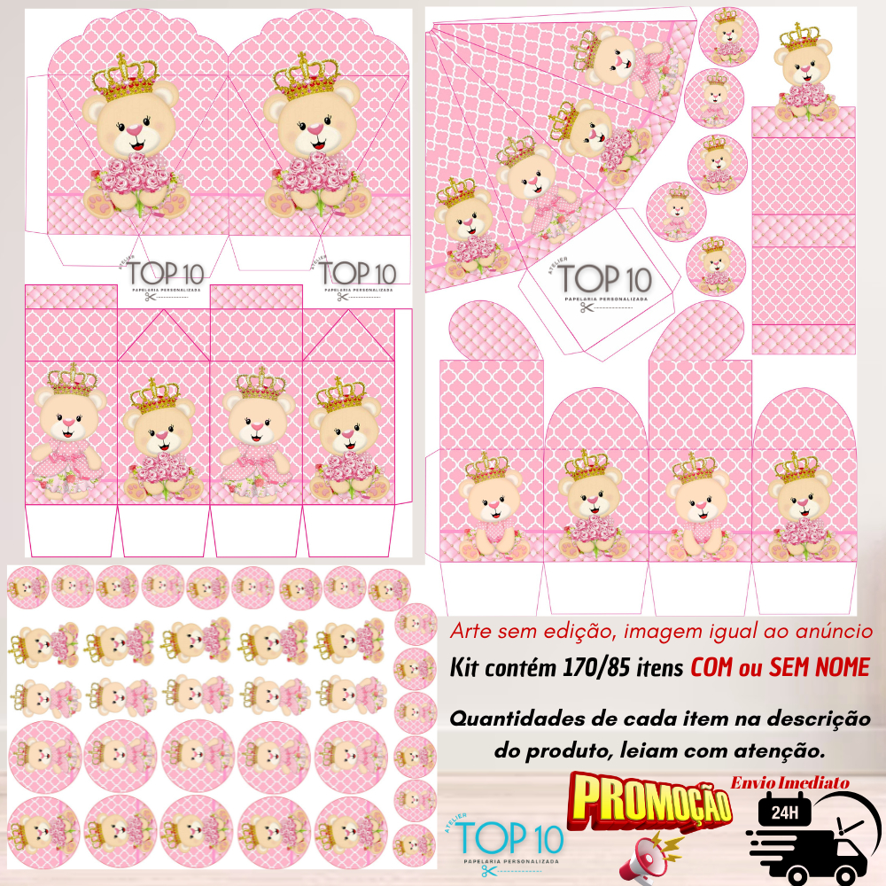 Kit de Lembrancinhas Personalizadas com 170/85 itens TEMA: URSA PRINCESA - Envio rápido