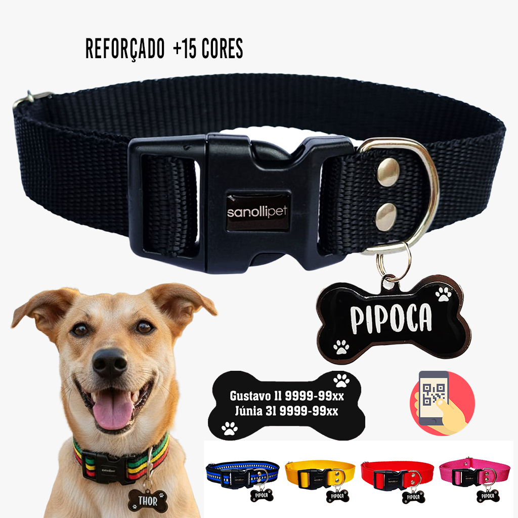 Coleira Para Cachorro Reforçada Com Plaquinha de Identificação Frente E Verso Nome Telefone Premium em Oferta na Shopee