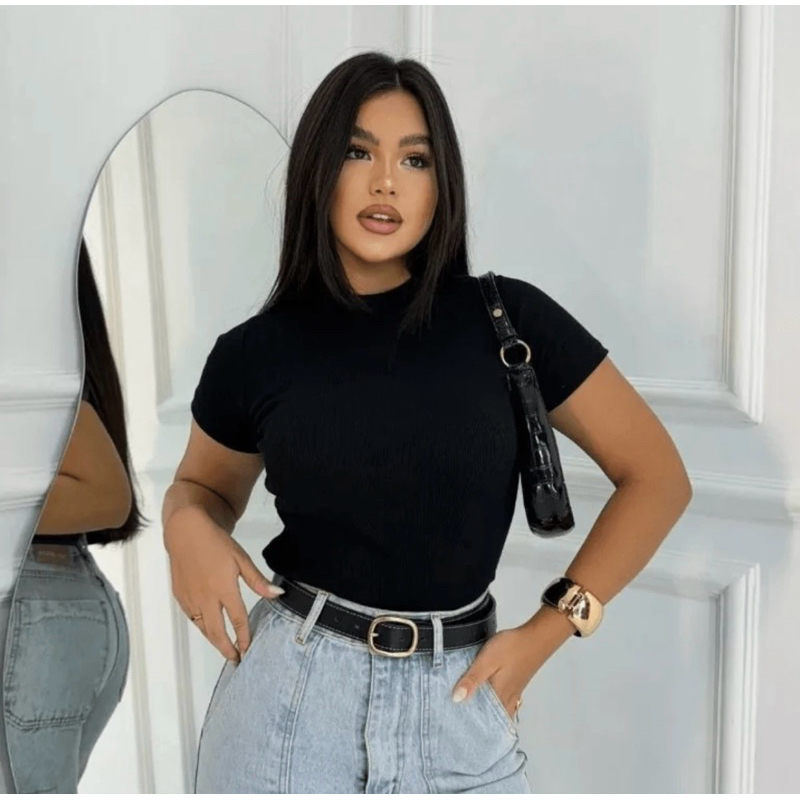 Blusa Feminina Canelada T Shirt Feminina Canelada Lisa Listrada Blusa com Elastano lindas Cores