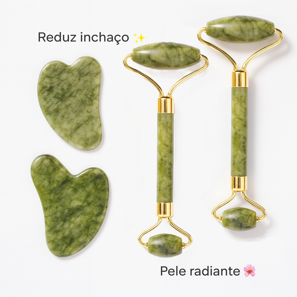 Kit 2 Rolo Pedra de Jade Massagem Facial Massageador Anti Ruga Placa Guasha Verde Rolinho Geladinho