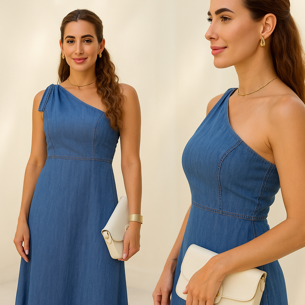 Vestido Jeans Denim feminino Mídi Nula Com Laça amarrável  No Ombro em Oferta na Shopee