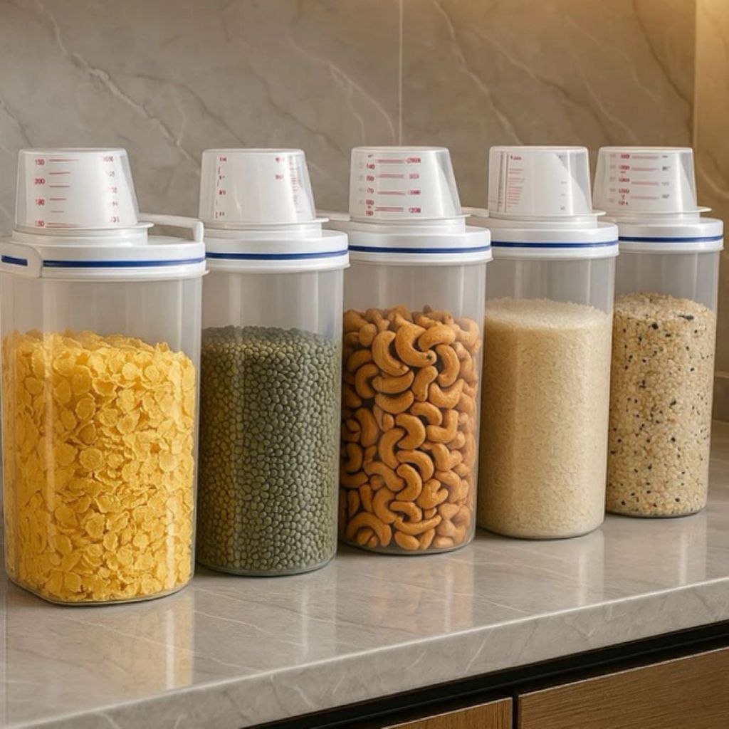 Kit 5 Potes Herméticos com Trava Bico Dosador e Copo Medidor Organizador Cozinha e Lavanderia em Oferta na Shopee