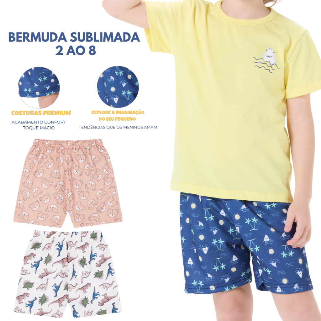 Kit 3 Bermudas em Moletinho Sublimado Premium Infantil Menino Verão 2 ao 8