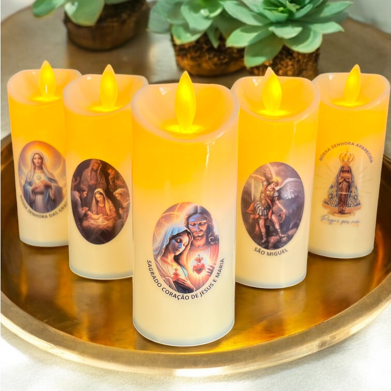 Vela Led Fina Chama Viva Nossa Senhora Aparecida e outros Santos Católicos Decorativa Eletrônica