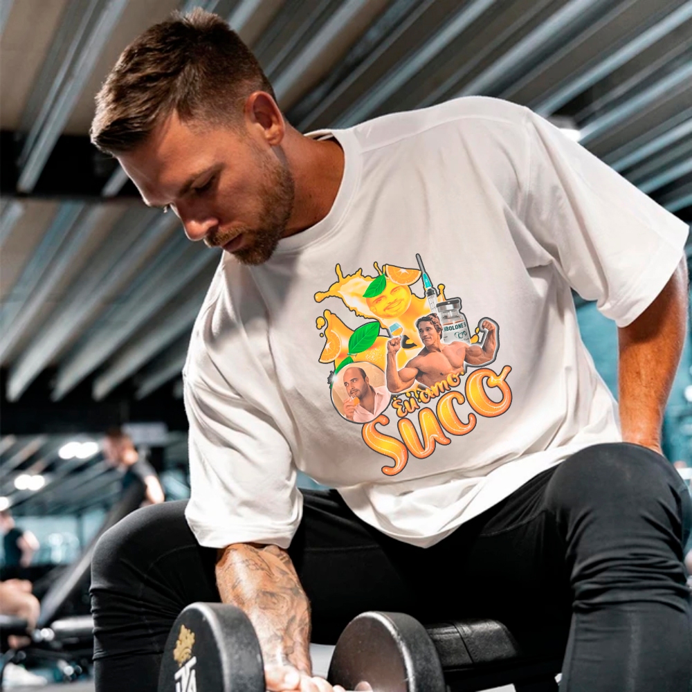 Camiseta Oversized Premium Estampa Eu Amo Suco Edição Fitness Engraçada Ideal pra Academia Treino