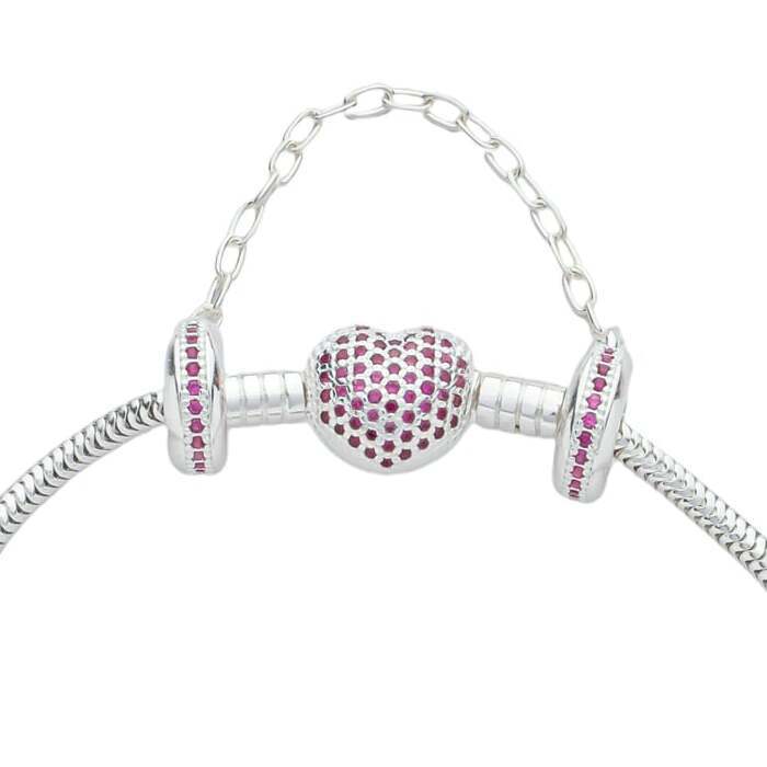 Kit Pulseira Fecho Coração Cravejado de Zircônias na cor rubi + trava de segurança com cristais na cor rubi em prata 925
