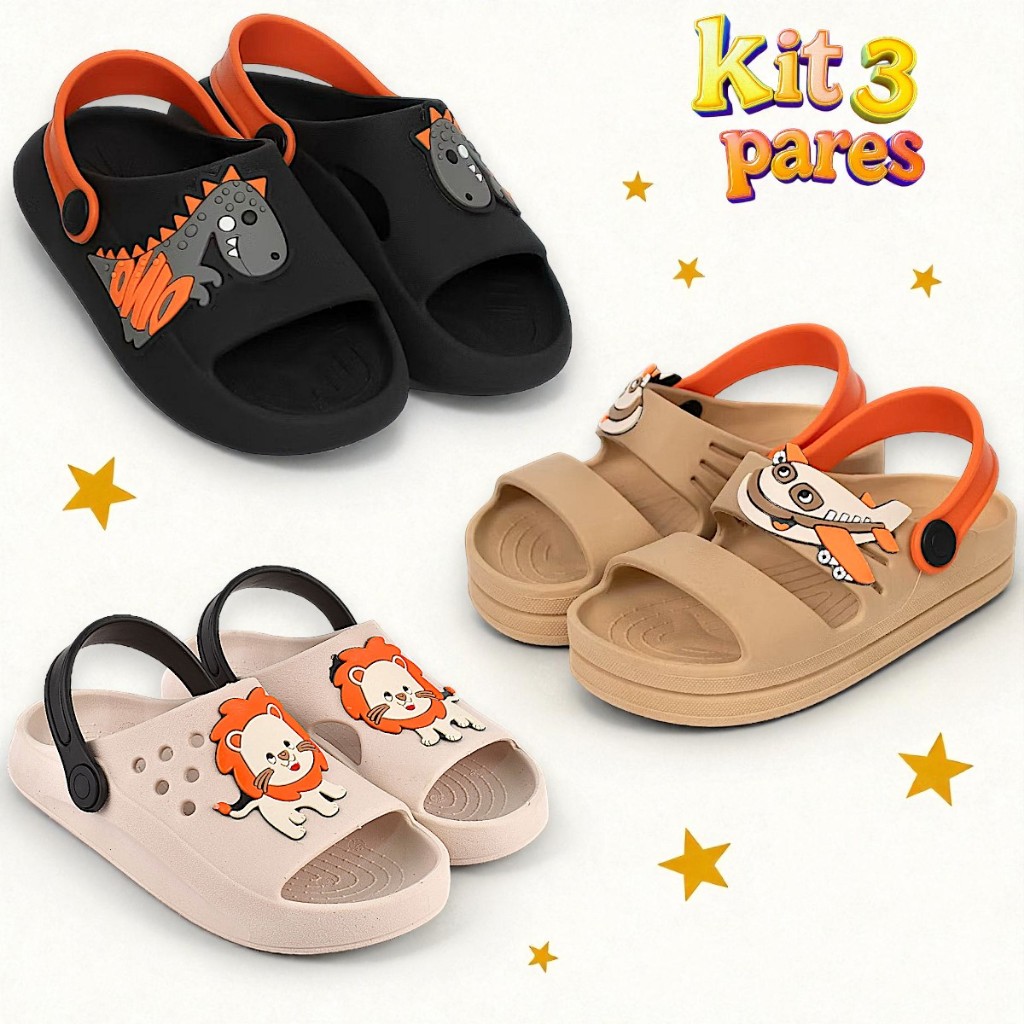 Kit 3 Pares Sandália Papete Infantil Menino Confortável