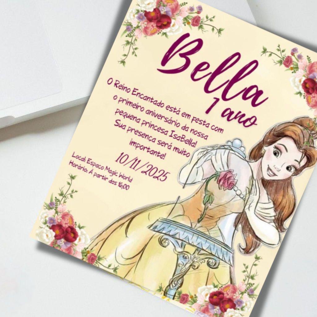 CONVITE PRINCESA BELA | Aniversario Infantil Bela e a Fera | PERSONALIZADO