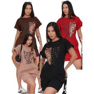 Vestido Curto Feminino Manga Curta Japonesa Estampa Onça Casual em Oferta na Shopee