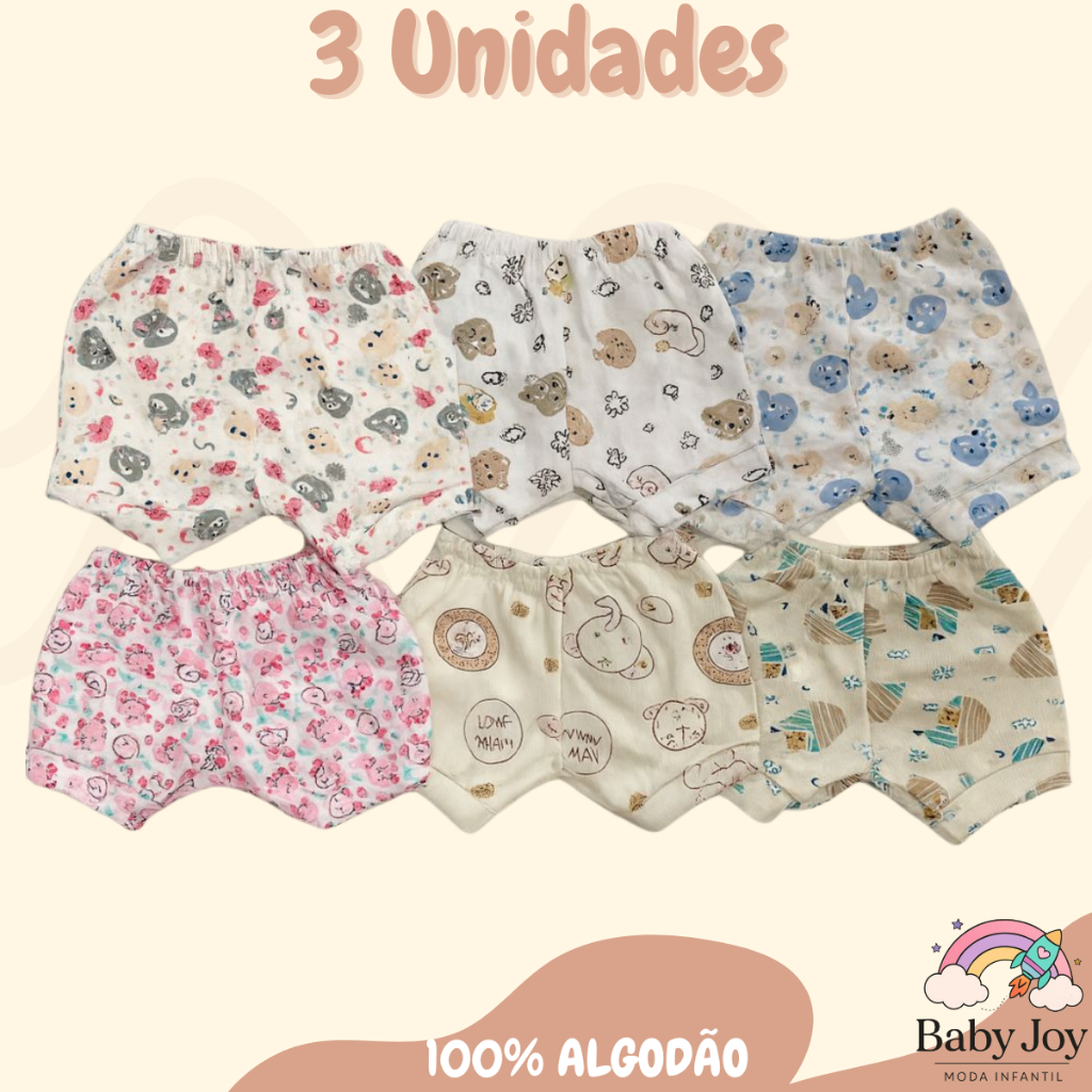 Kit 3 Shorts Tapa Fraldas Ribana Estampada Bebê Menino Menina Infantil Algodão Coloridos
