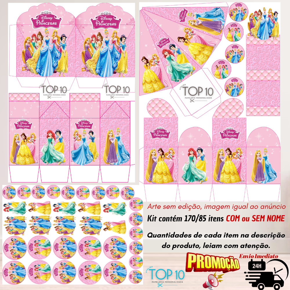 Kit de Lembrancinhas Personalizadas com 170/85 itens TEMA: AS PRINCESAS DISNEY - Envio rápido