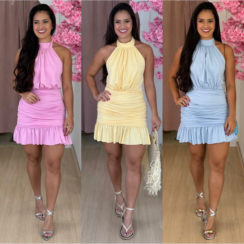 Vestido Feminino Curto Frente Única Gola Alta Amarração No Pescoço com Bojo Drapeado Babado Poliamida Tendência — imagem 1