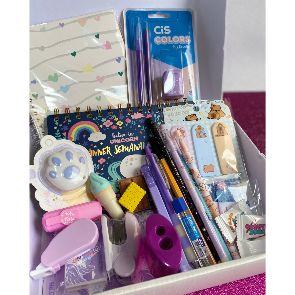 Box Surpresa Premium de Papelaria Fofa G | 20 Itens Exclusivos e Lindos | Kit Completo de Papelaria
