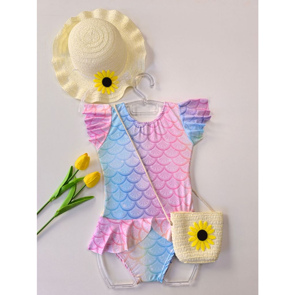 Kit Maiô Infantil Menina com Chapéu e Bolsa Proteção Solar UV Verão