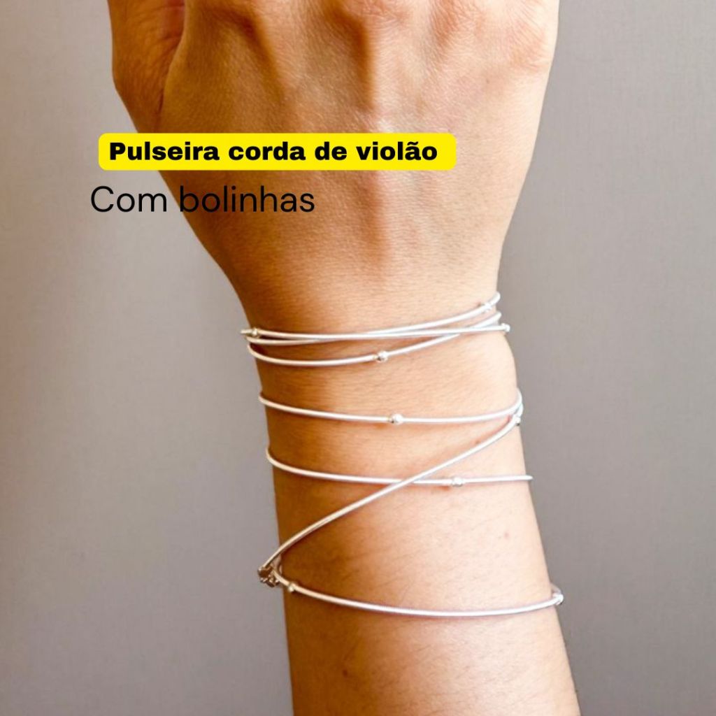 Pulseira corda de violão com bolinhas prata 925  SEMIJOIA, autha bracelete feminino, usado como colar