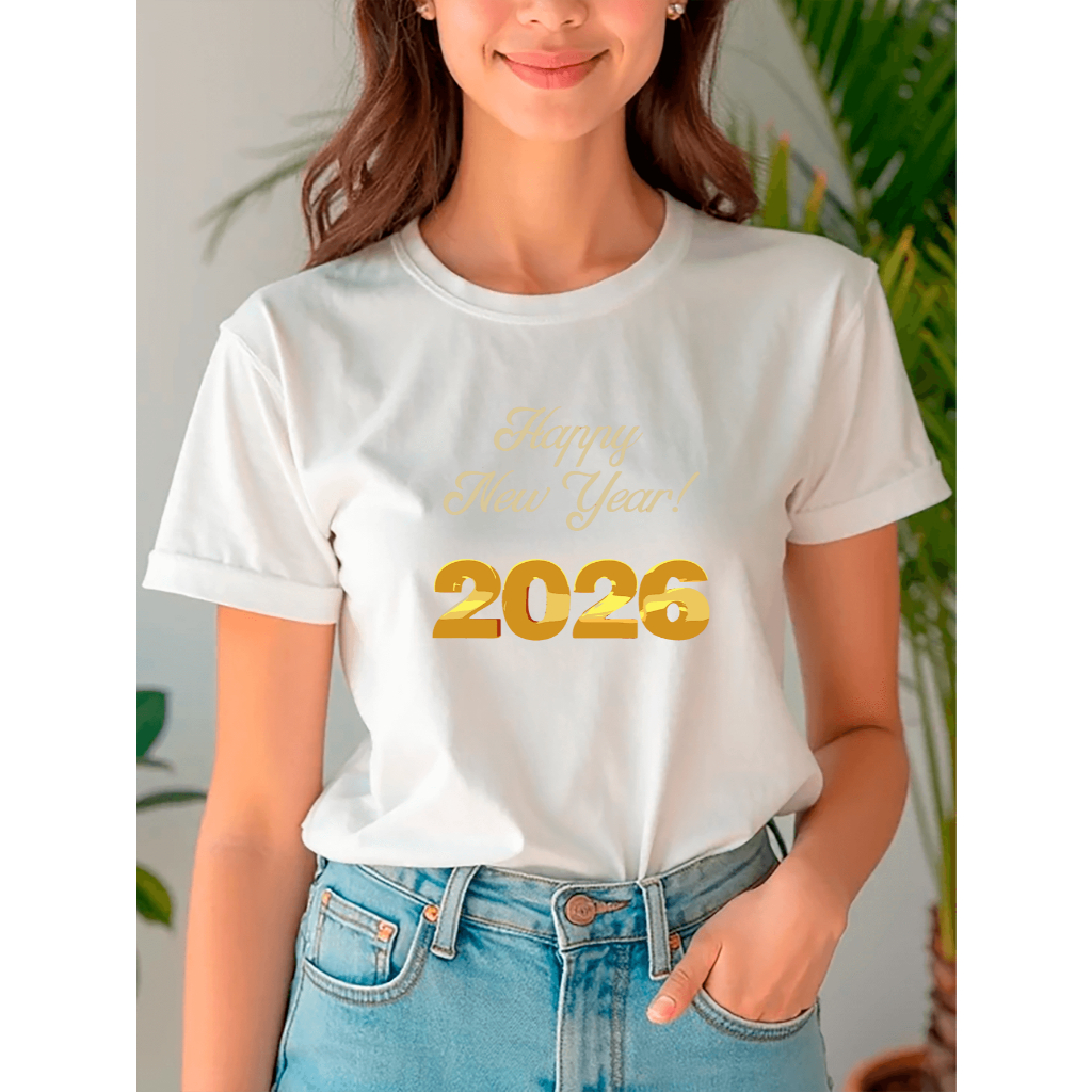 Camiseta Feminina Babylook T Shirt Estilosa Happy New Year 2026 Feliz Ano Novo Festas Comemorações Lançamento