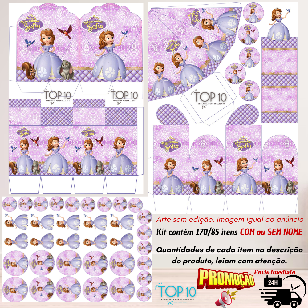Kit de Lembrancinhas Personalizadas com 170/85 itens TEMA: PRINCESA SOFIA - Envio rápido