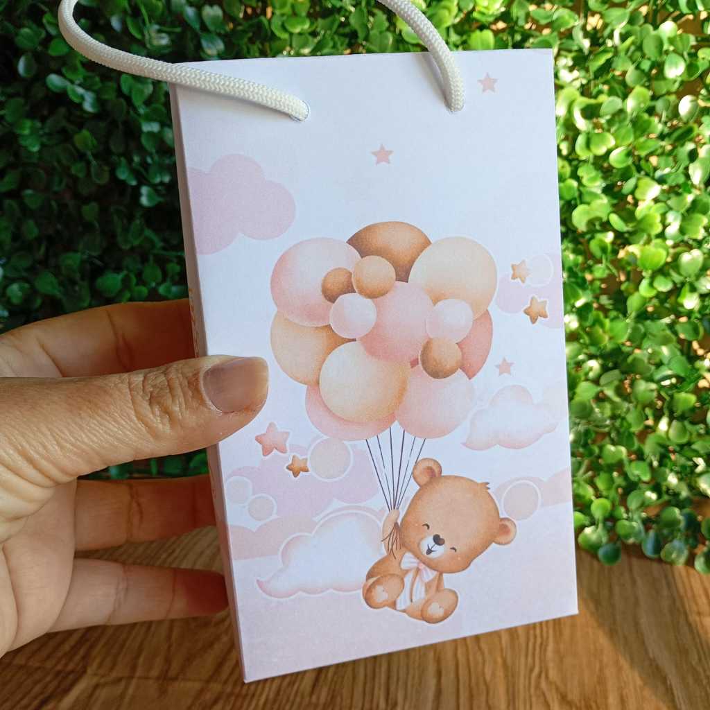 Sacolinha Surpresa Personalizada Lembrancinha Chá Bebê Ursinho Rosa Menina- Chá Revelação PEGUE E MONTE