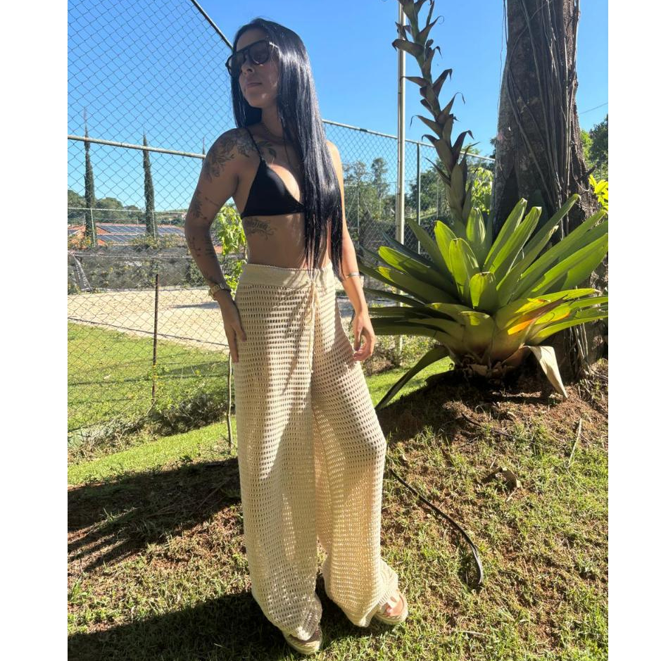 CALÇA PANTALONA LISA saida de praia com ajuste na cintura cordao verao canga tendencia moda blogueira tricot em Oferta na Shopee