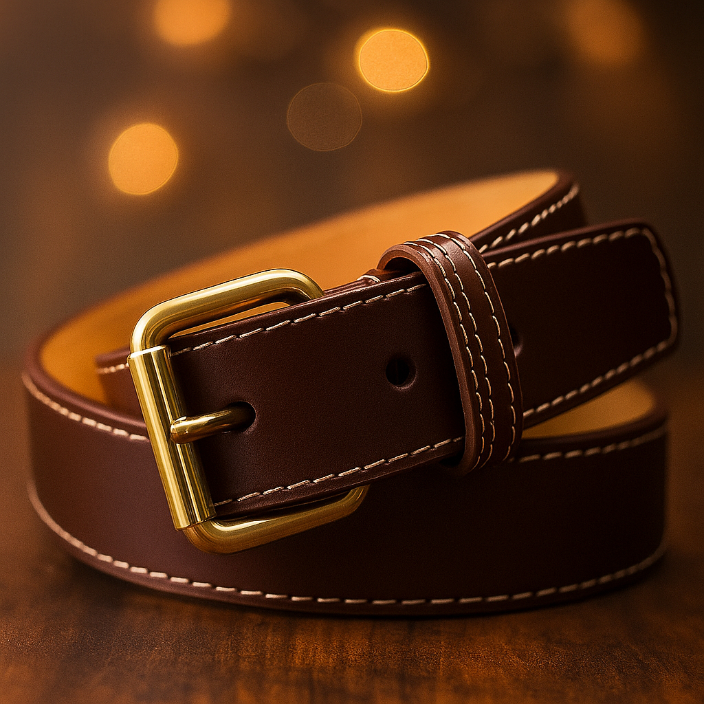 Cinto Feminino de Couro Legítimo Marrom 3 cm de Largura Fivela Quadrada Com Rolete Dourada