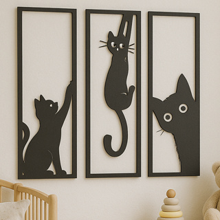 Quadro Decorativo Vazado Trio Gatinhos Gato Pet Painel Decoração Casa MDF 3mm Preto Fosco em Oferta na Shopee