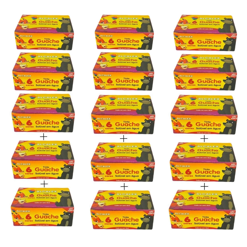 Kit 15 Caixa De Tinta Guache 15ml C/06 Cores Alcalex Escolar Amarelo