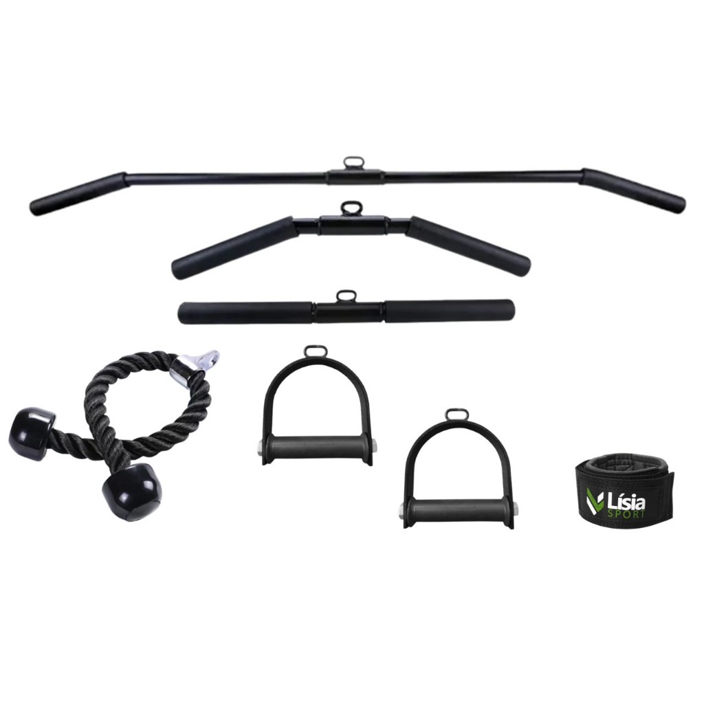 Kit 7 Puxador Pulley Reto Curvo Costas Corda Tornozeleira Estribos