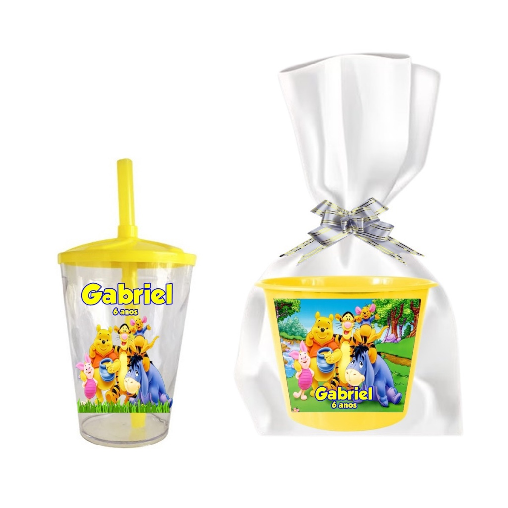 10 Baldes De Pipoca C/ Embalagem + 10 Copos Twister Personalizado Ursinho Pooh (Todos Os Temas)