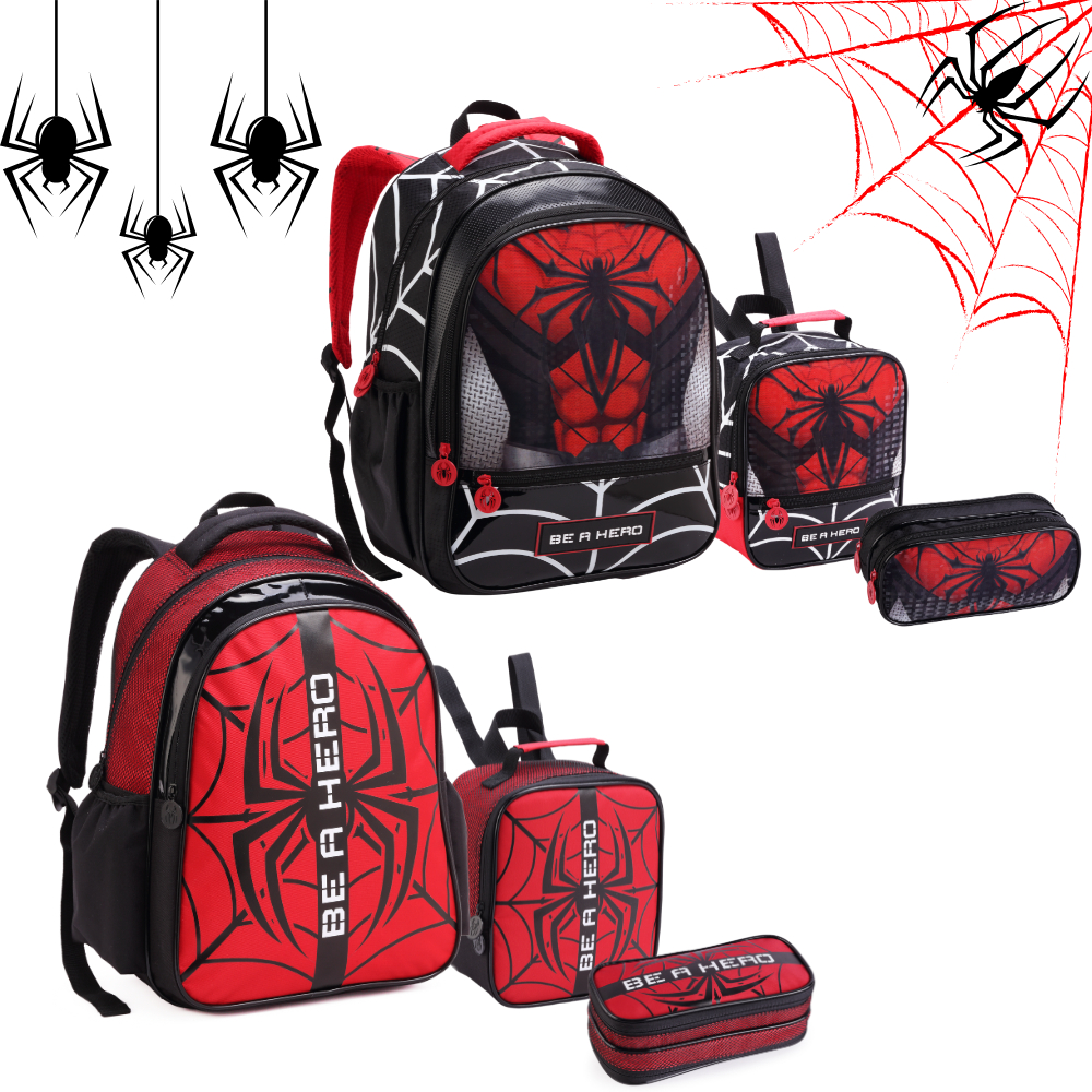 Mochila Infantil Menino Escolar Spider Aranha Dark Masculina com Lancheira Térmica e Estojo Grande