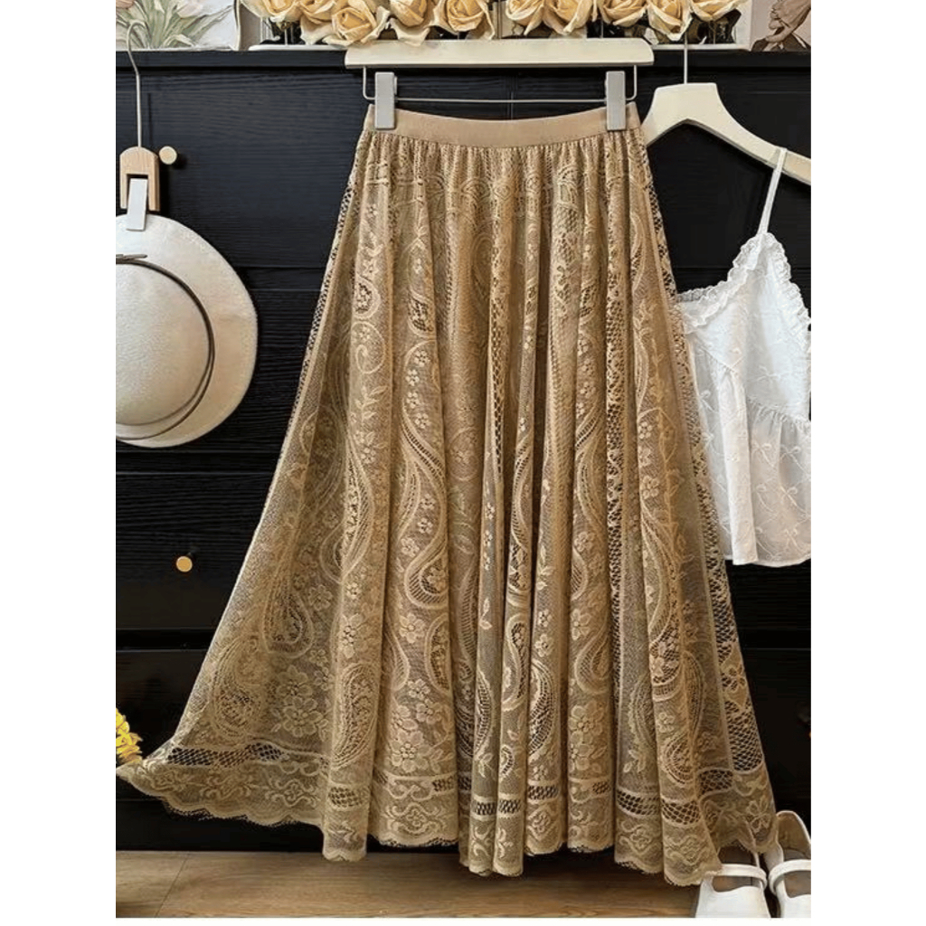 Saia Longa Com Aplicação de Renda | Estilo Fada Elegante em Oferta na Shopee