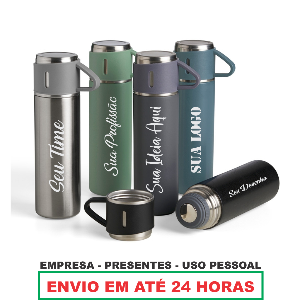 Garrafa Térmica 500ml Com Kit 3 Xícara Café Personalizado