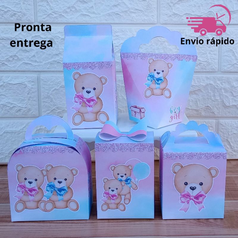 ENVIO RÁPIDO - Kit Papelaria Caixas CHÁ REVELAÇÃO URSINHOS AZUL E ROSA Lembrancinha Festa Personalizados DESMONTADO