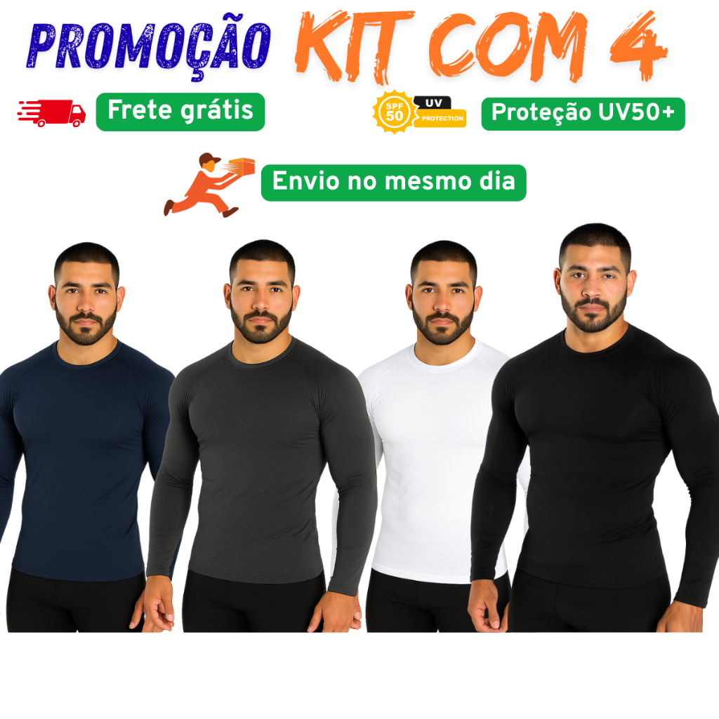 Kit 4 Camisa Térmica Proteção Uv50 Corrida Natação Blusa Segunda Pele Camiseta Academia Manga Longa