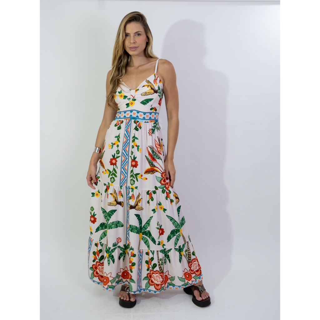 Vestido longo estampado com lastex e bojo em Oferta na Shopee