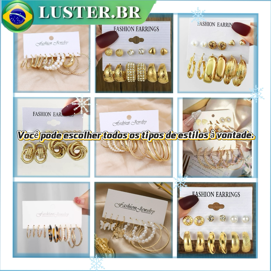 Brincos de ouro, brincos geométricos exagerados de metal, conjunto de 6 peças, brincos de pérola, conjunto temperamento em Oferta na Shopee