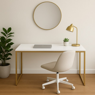 Mesa de Escritório Escrivaninha 120cm Base Metálica Dourada Compacta Sofisticada Moderno Trabalho