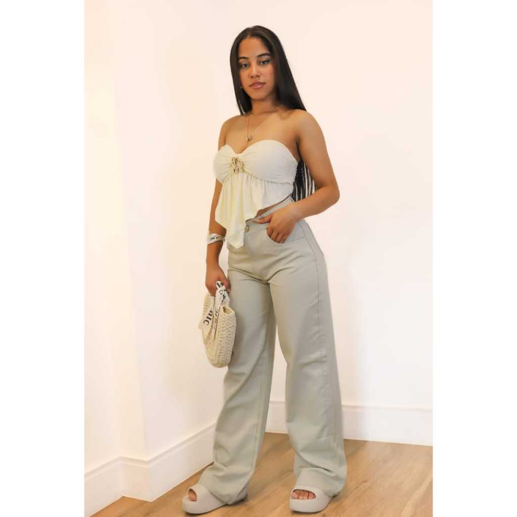 CALÇA WIDE LEG SARJA BEGE FEMININA CINTURA ALTA PANTA SARJA LISA ALFAIATARIA OFF WHITE ELEGANCE