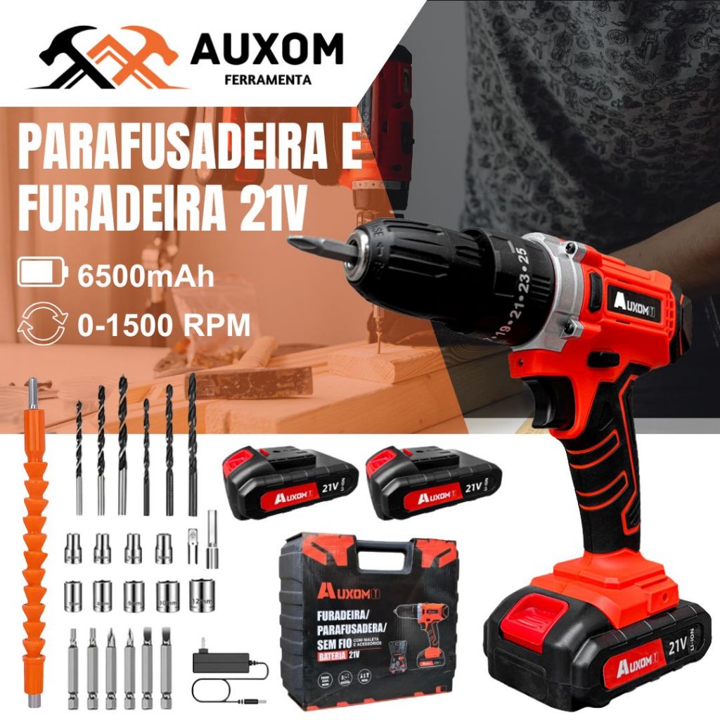 AUXOM Parafusadeira e Furadeira 21V 2 Bateria Com Maleta e Acessórios Completo