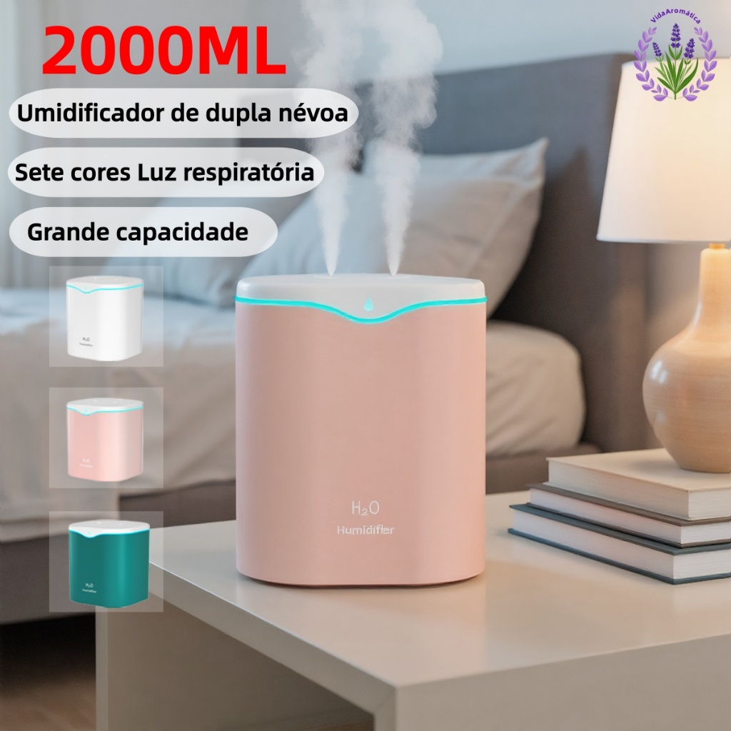 Grande Umidificador De Ar Aromatizador De Ambiente Com Bico Duplo Difusor Elétrico Usb Led 2000ml