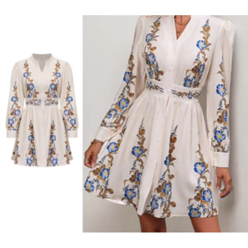 vestido vintage fecho de botões modelo chemise elegante Vestido Estampado Casual Chique