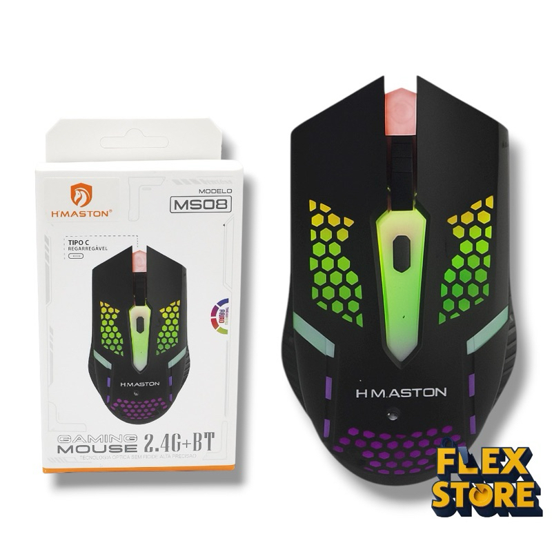 Mouse Gamer H’Maston MS08 Sem Fio 2.4G + Bluetooth RGB Recarregável Tipo-C Alta Precisão 1600 DPI