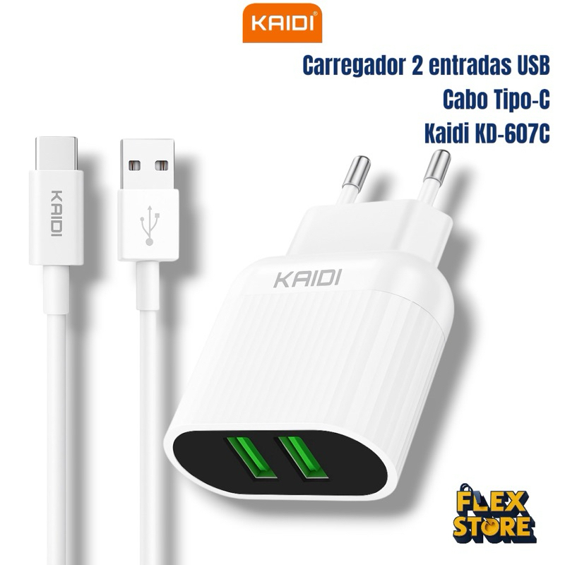 Carregador de Tomada Completo KAIDI KD-607C 2 Entradas USB 2.4A com Cabo Tipo-C Original Auto-ID Bivolt em Oferta na Shopee